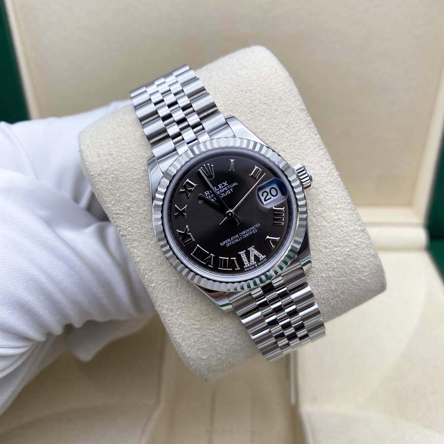 Rolex 1:1 Super Clone Datejust Dark Grey Diamond Roman Numeral Dial Fluted Bezel 31mm 278274