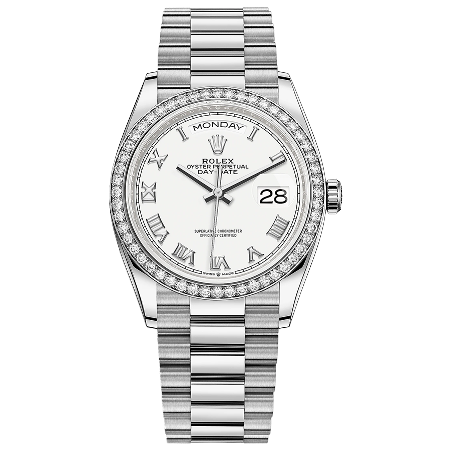 Rolex 1:1 Super Clone Day-Date White Roman Numeral Dial Diamond Bezel 36mm 128349RBR
