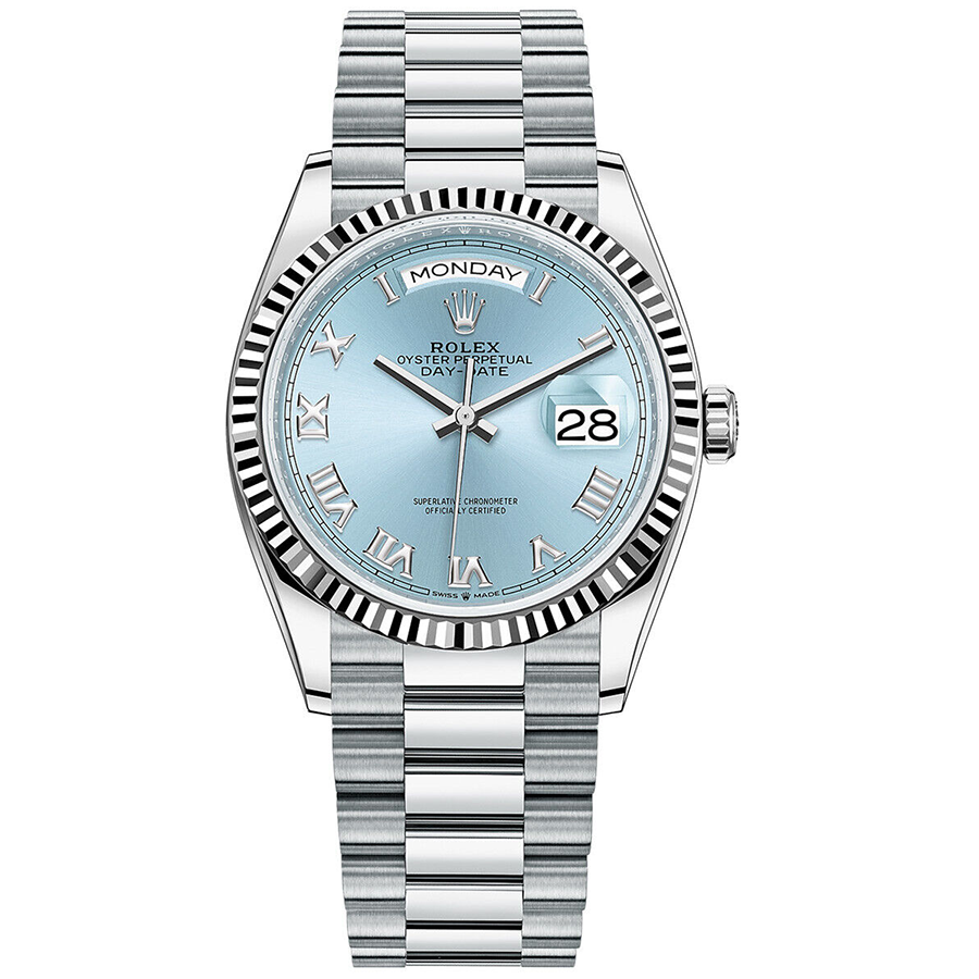 Rolex 1:1 Super Clone Day-Date Ice Blue Roman Numeral Dial Fluted Bezel 36mm 128236