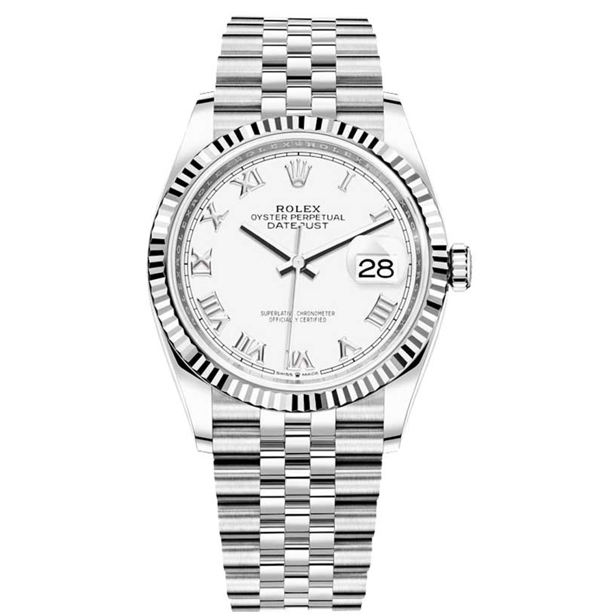 Rolex 1:1 Super Clone Datejust White Roman Numeral Dial Fluted Bezel 36mm 126234