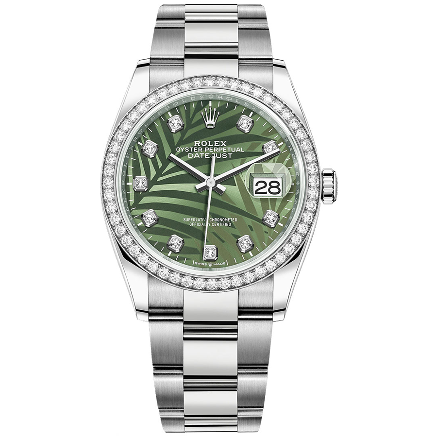 Rolex 1:1 Super Clone Datejust Olive Green Palm Motif Diamond Dial Diamond Bezel 36mm 126284RBR