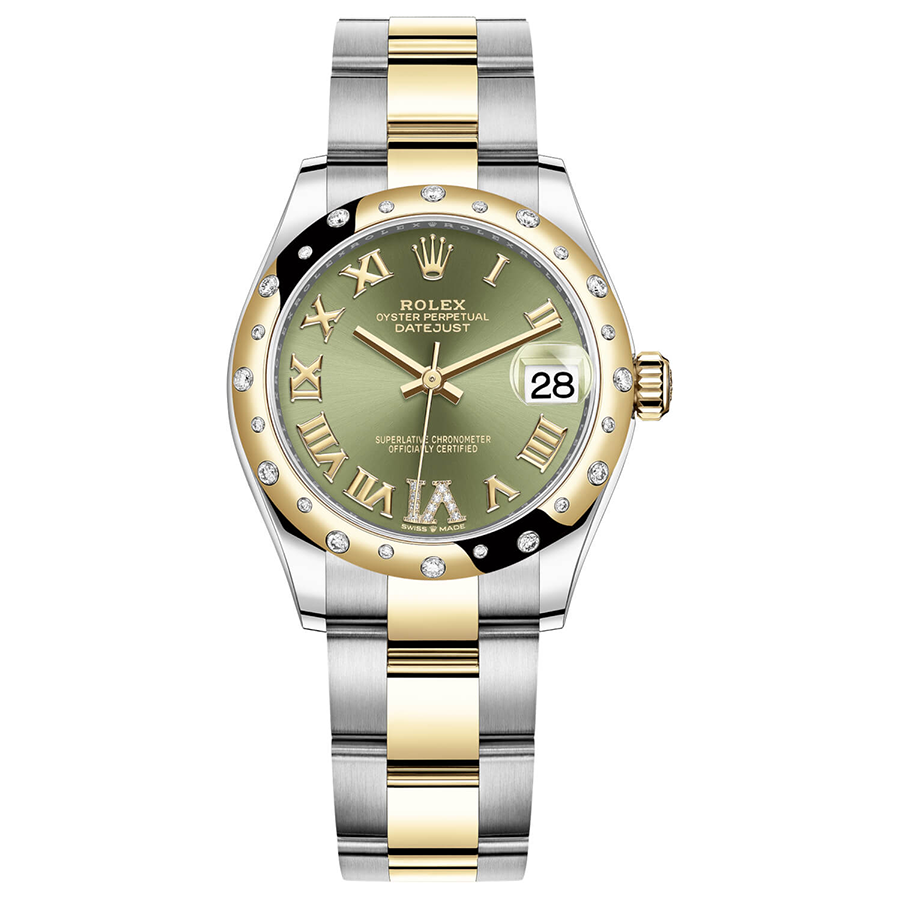 Rolex 1:1 Super Clone Datejust Olive Green Diamond Roman Numeral Dial Diamond-Set Bezel 31mm 278343RBR