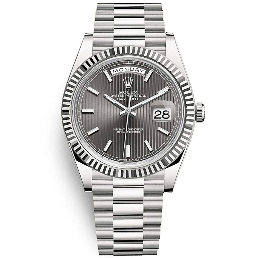 Rolex 1:1 Super Clone Day-Date 40 Presidential 228239 Fluted Bezel Dark Rhodium Stripe Motif Dial
