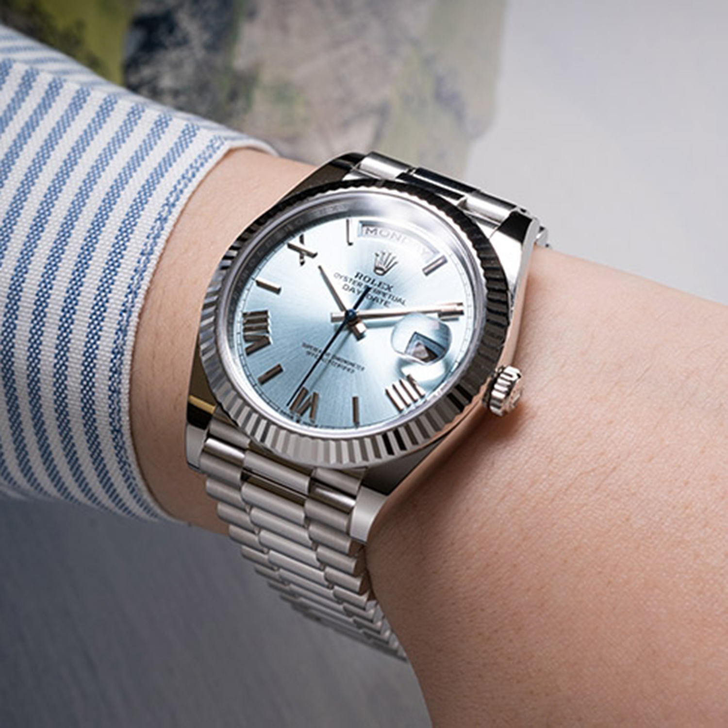 Rolex 1:1 Super Clone Oyster Perpetual Day-Date President 40mm in Platinum with Ice-Blue Dial Men's Watch 228236-0012 New