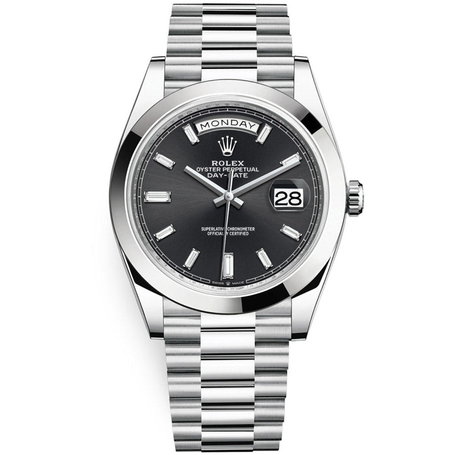 Rolex 1:1 Super Clone Day-Date 40 Platinum Presidential 228206 Smooth Bezel Baguette Diamond Black Dial