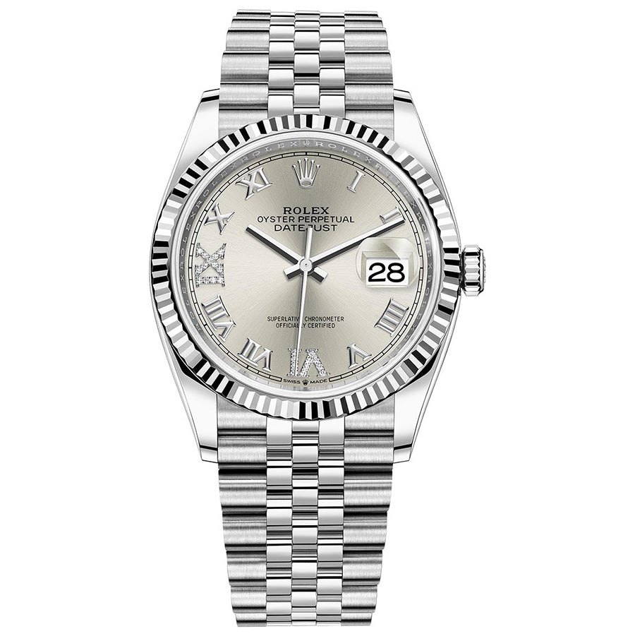 Rolex 1:1 Super Clone Datejust 36mm Fluted Bezel Jubilee Bracelet Silver Diamond 6 and 9 Hour Marker Dial