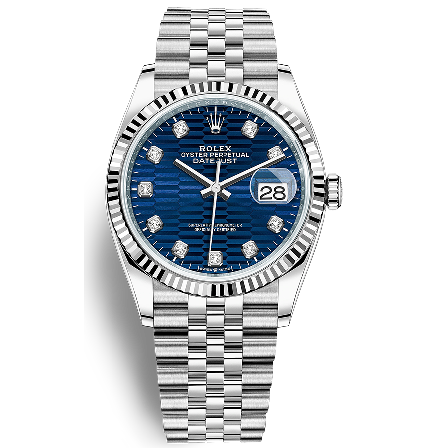 Rolex 1:1 Super Clone Datejust Bright Blue, Fluted Motif Diamond Dial Fluted Bezel 36mm 126234