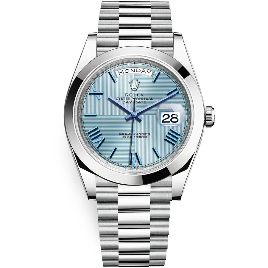 Rolex 1:1 Super Clone Day-Date 40 Platinum Presidential 228206 Smooth Bezel Ice Blue Quadrant Motif Dial