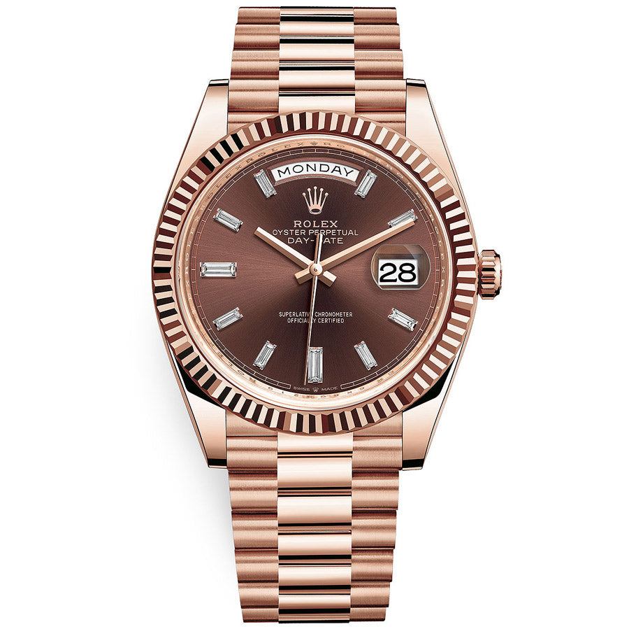 Rolex 1:1 Super Clone Day-Date 40 Presidential 228235 Fluted Bezel Baguette Diamond Chocolate Dial