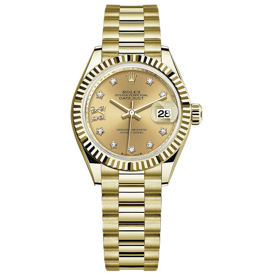Rolex 1:1 Super Clone Lady-Datejust Champagne Diamond Star Dial Fluted Bezel 28mm 279178