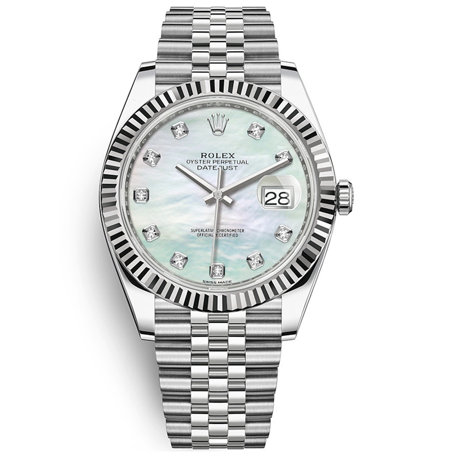 Rolex 1:1 Super Clone Datejust 41mm Mother Of Pearl Diamond Dial Fluted Bezel 126334
