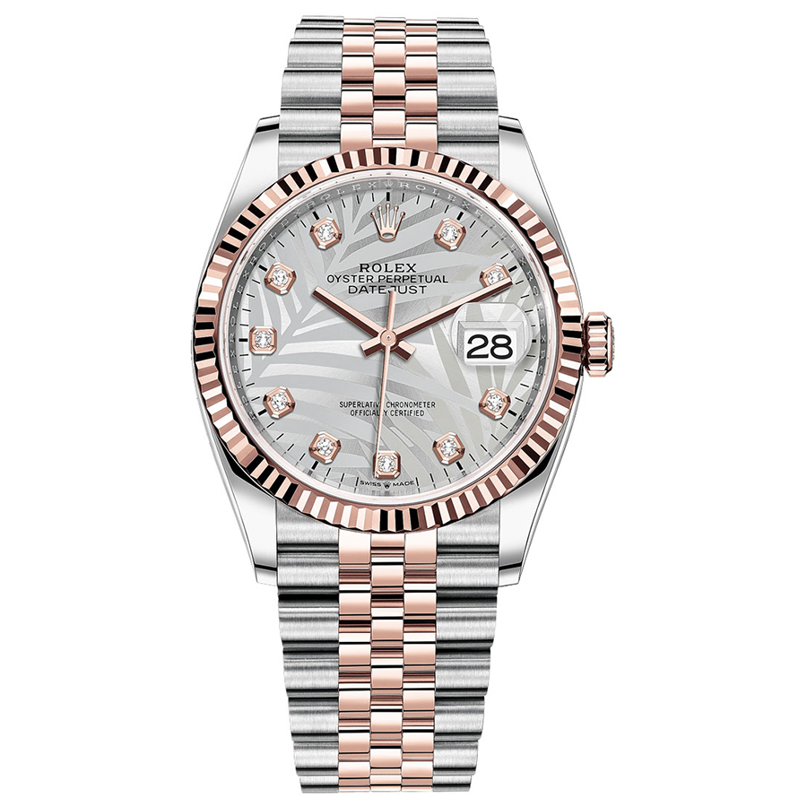 Rolex 1:1 Super Clone Datejust Silver Palm Motif Diamond Dial Fluted Bezel 36mm 126231