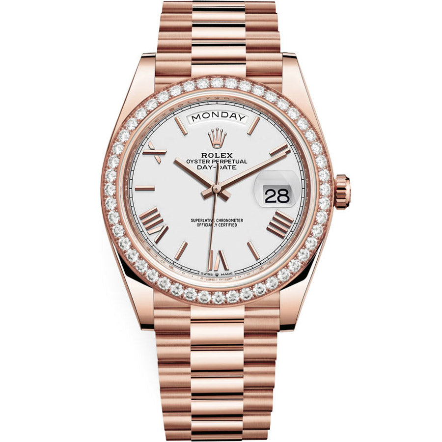 Rolex 1:1 Super Clone Day-Date 40mm Presidential 228345 Diamond Bezel White Dial