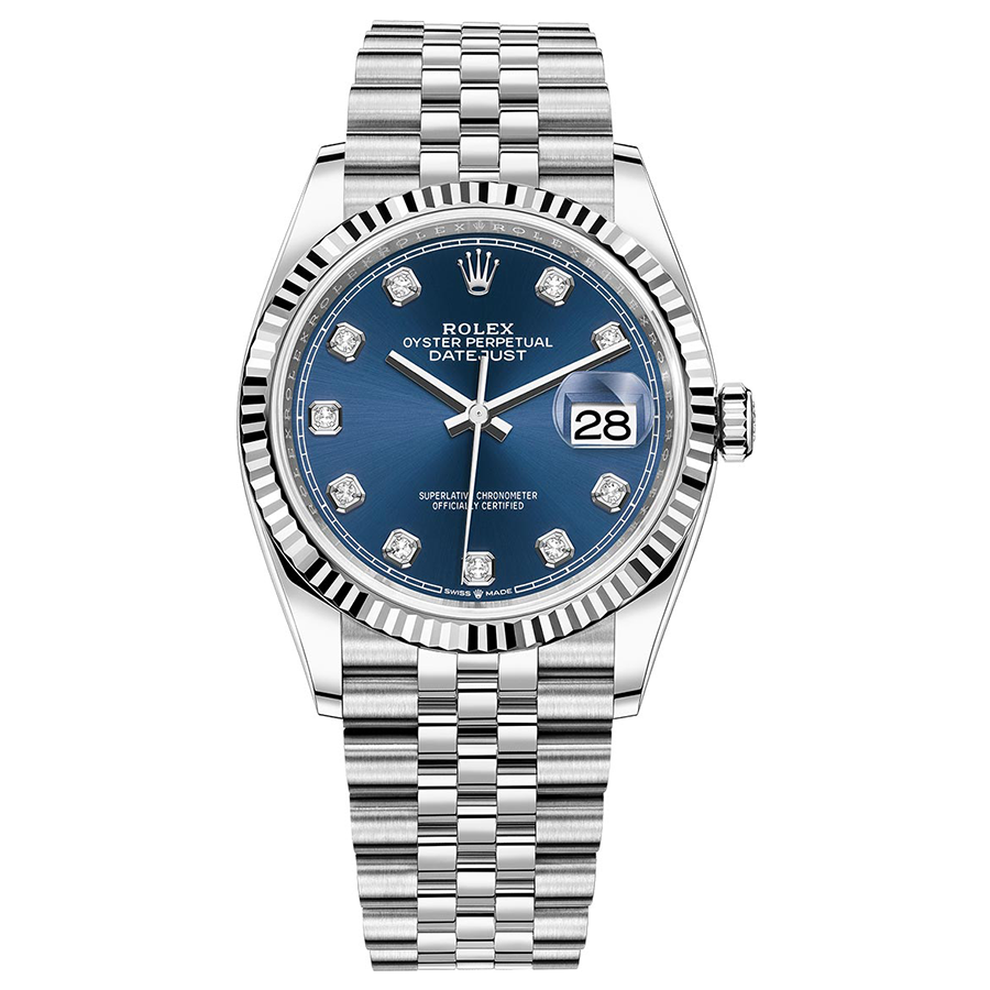 Rolex 1:1 Super Clone Datejust Bright Blue Diamond Dial Fluted Bezel 36mm 126234