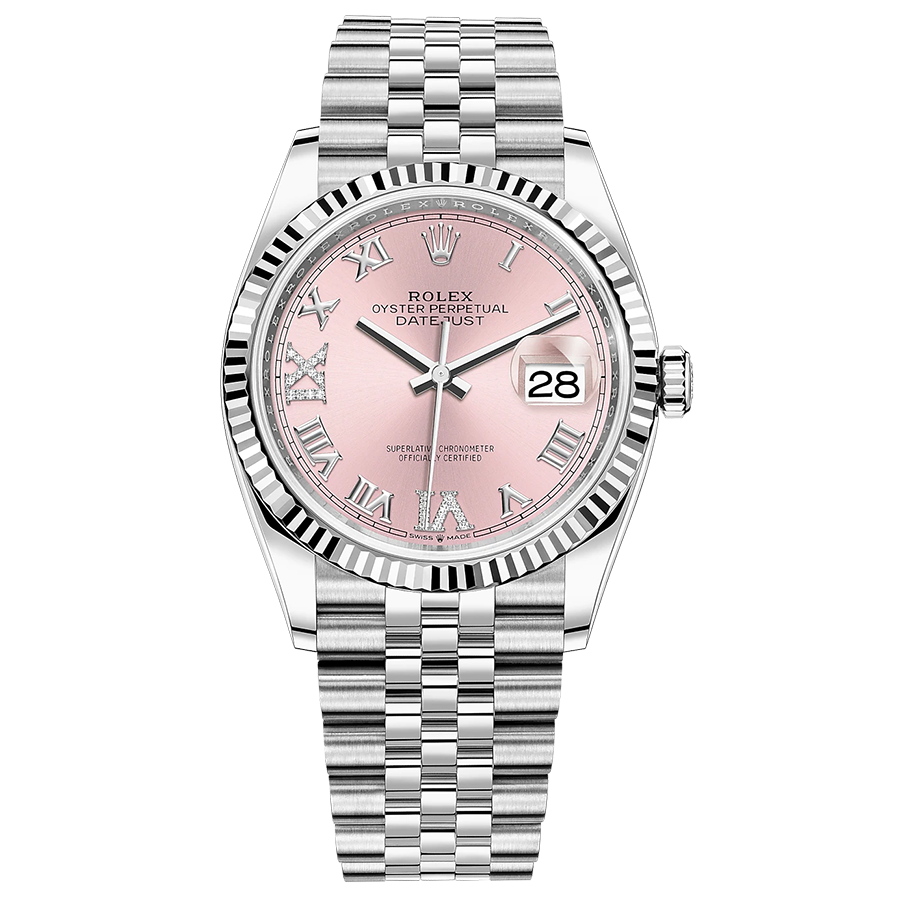 Rolex 1:1 Super Clone Datejust Pink Roman Numeral Diamond Dial Fluted Bezel 36mm 126234