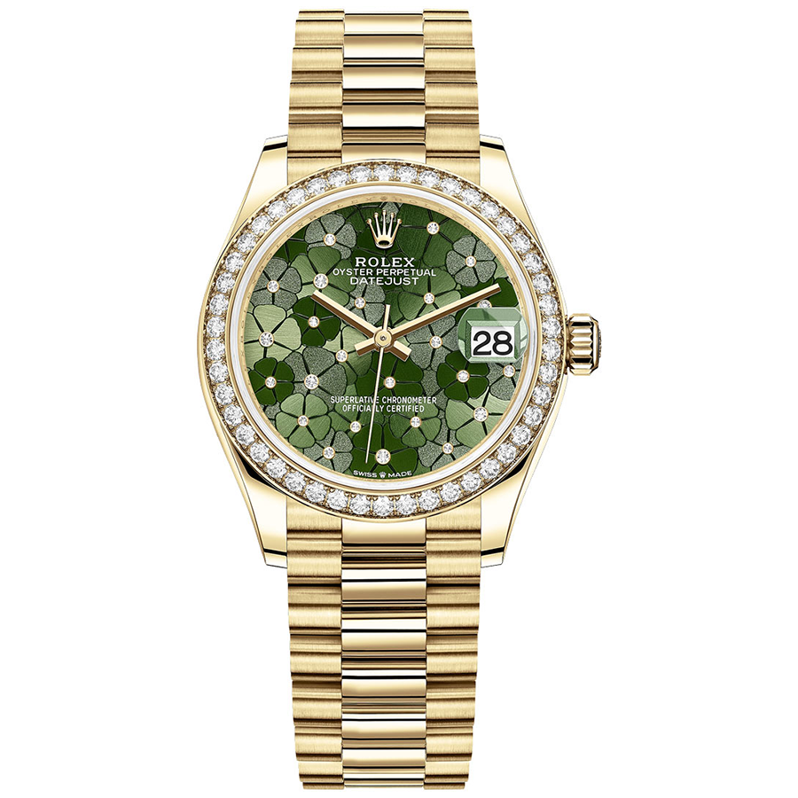 Rolex 1:1 Super Clone Datejust Olive Green Floral Motif Dial Diamond Bezel 31mm 278288RBR