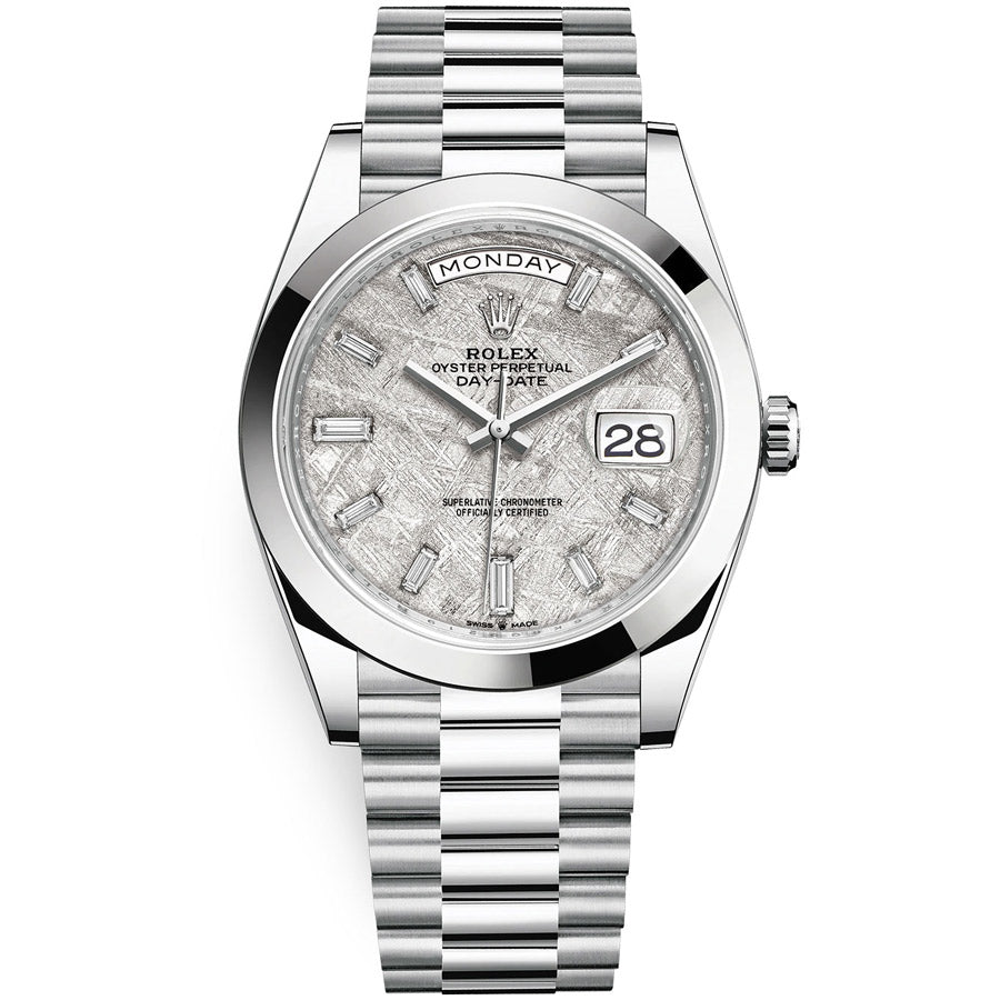 Rolex 1:1 Super Clone Day-Date 40 Platinum Presidential 228206 Smooth Bezel Baguette Diamond Meteorite Dial