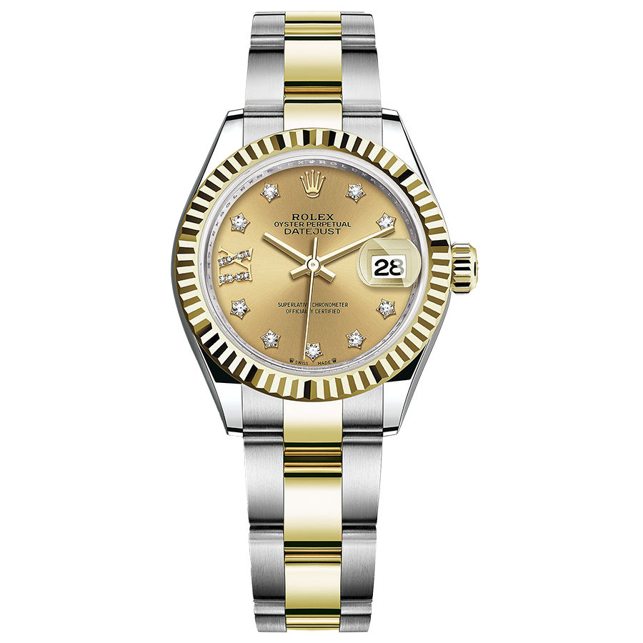 Rolex 1:1 Super Clone Datejust Champagne Diamond Star Dial Fluted Bezel 28mm 279173