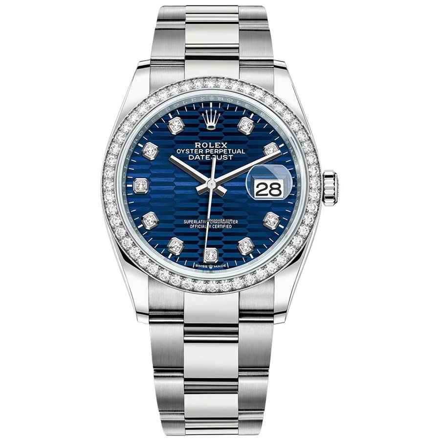 Rolex 1:1 Super Clone Datejust Bright Blue Fluted Motif Diamond Dial Diamond Bezel 36mm 126284RBR
