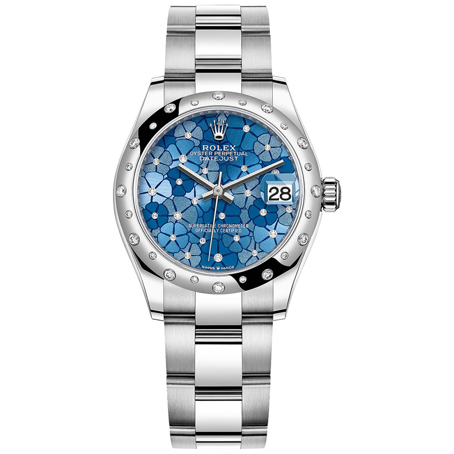 Rolex 1:1 Super Clone Datejust Azzurro Blue Floral Motif Dial Diamond-Set Bezel 31mm 278344RBR