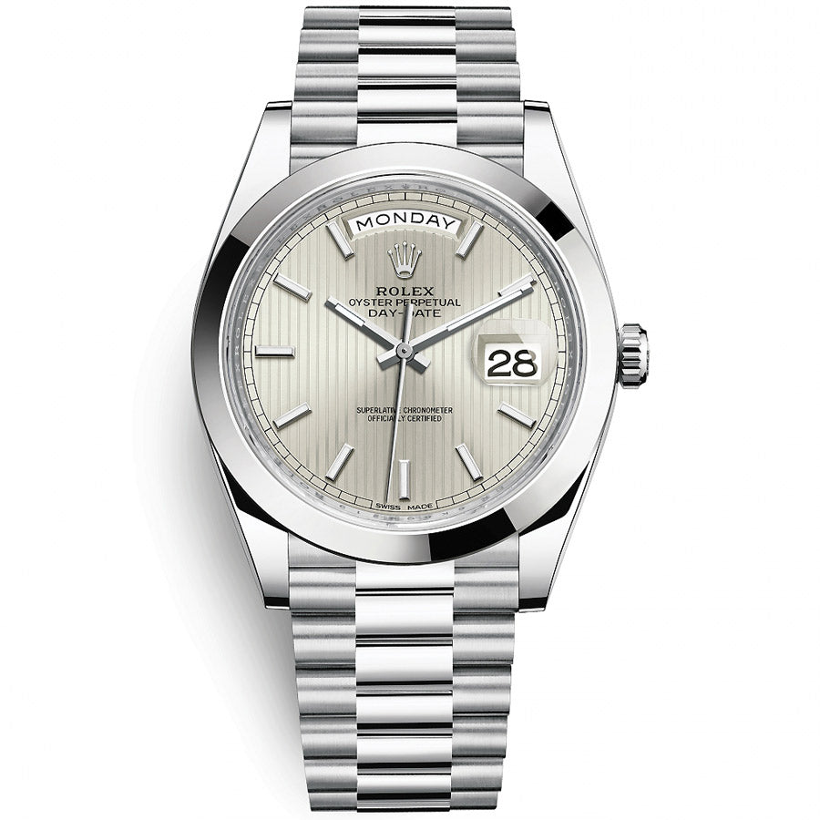 Rolex 1:1 Super Clone Day-Date 40 Platinum Presidential 228206 Smooth Bezel Silver Stripe Motif Dial