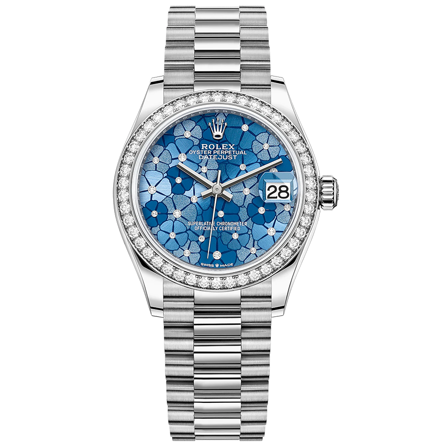 Rolex 1:1 Super Clone Datejust Azzurro Blue Floral Motif Dial Diamond Bezel 31mm 278289RBR