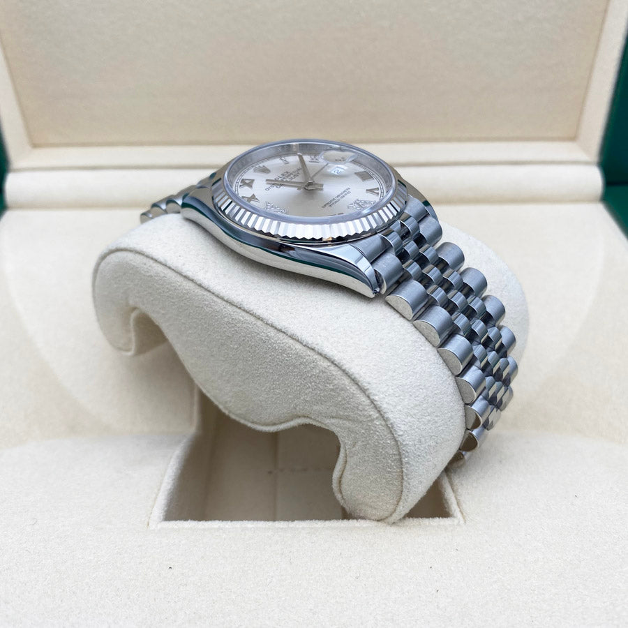 Rolex 1:1 Super Clone Datejust 36mm Fluted Bezel Jubilee Bracelet Silver Diamond 6 and 9 Hour Marker Dial