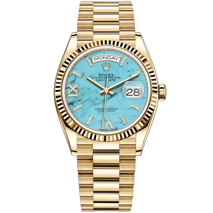 Rolex 1:1 Super Clone Day-Date 36mm Presidential 128238 Fluted Bezel Turquoise Diamond Dial