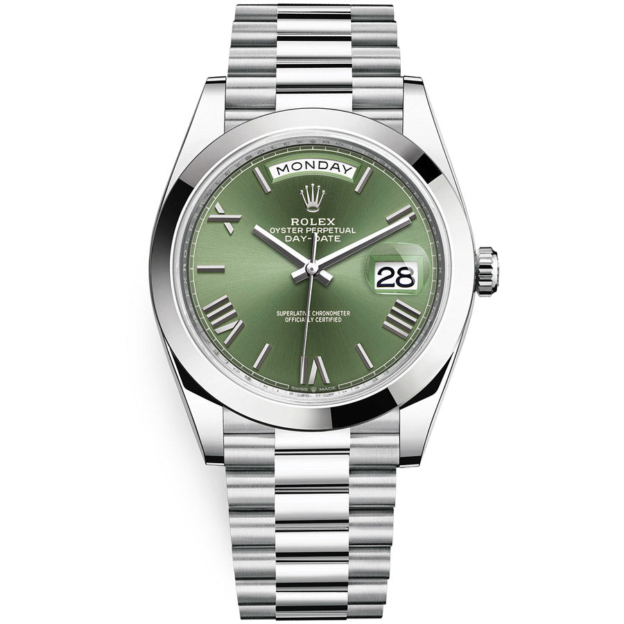 Rolex 1:1 Super Clone Day-Date 40 Platinum Presidential 228206 Smooth Bezel Olive Green Dial