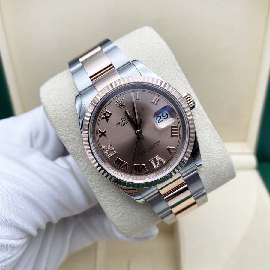 Rolex 1:1 Super Clone Datejust Rose Roman Numeral Dial Fluted Bezel 36mm 126231