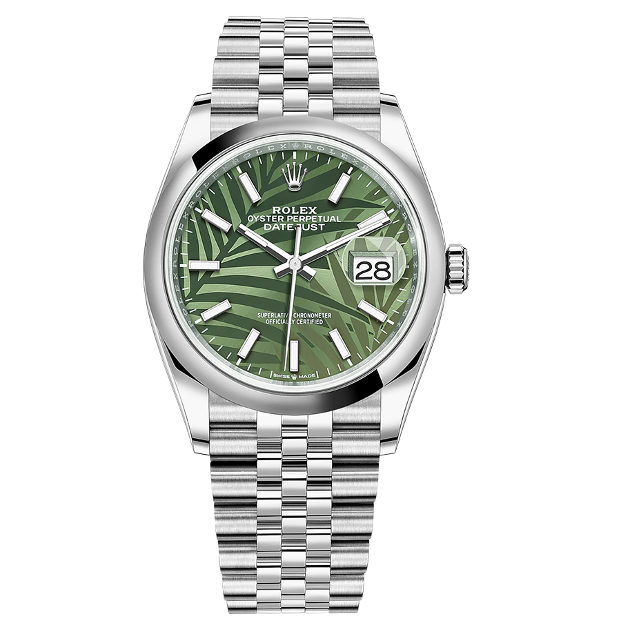 Rolex 1:1 Super Clone Datejust Olive Green, Palm Motif Dial Domed Bezel 36mm 126200