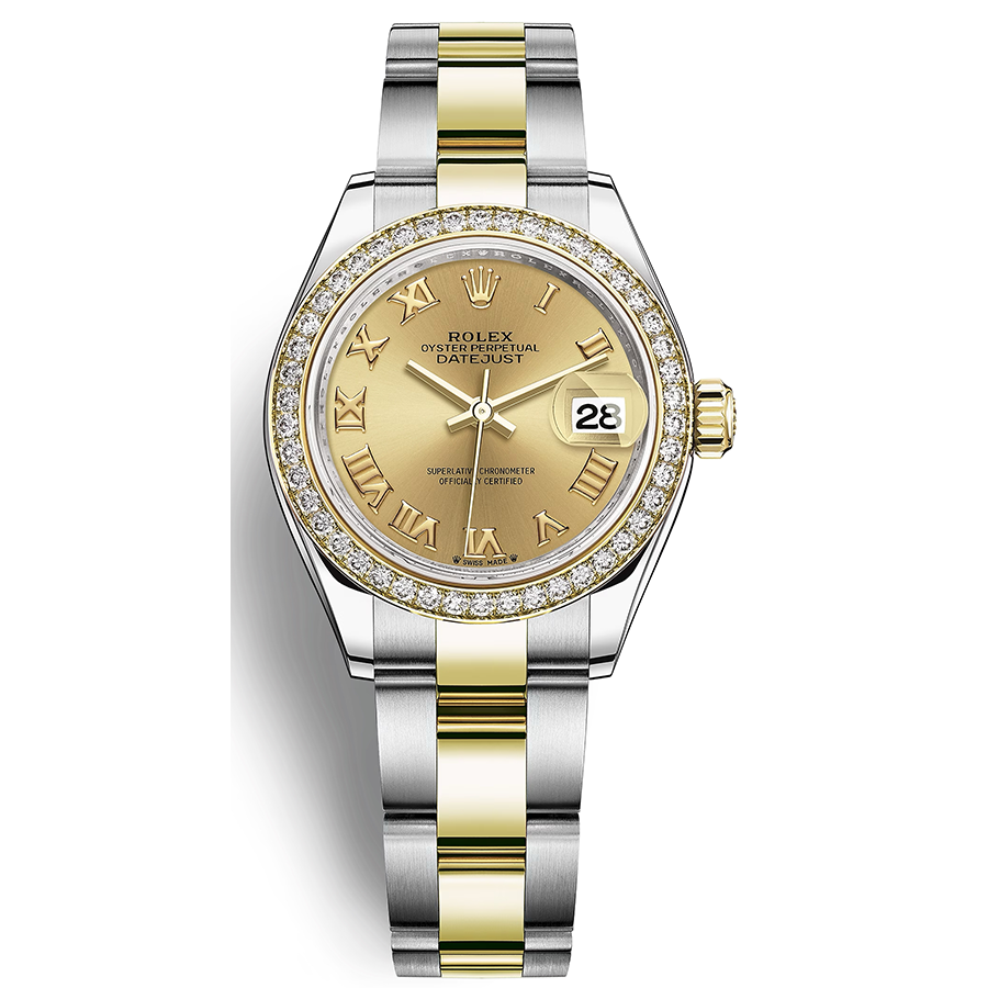 Rolex 1:1 Super Clone Lady-Datejust Champagne Roman Numeral Dial Diamond Bezel 28mm 279383RBR