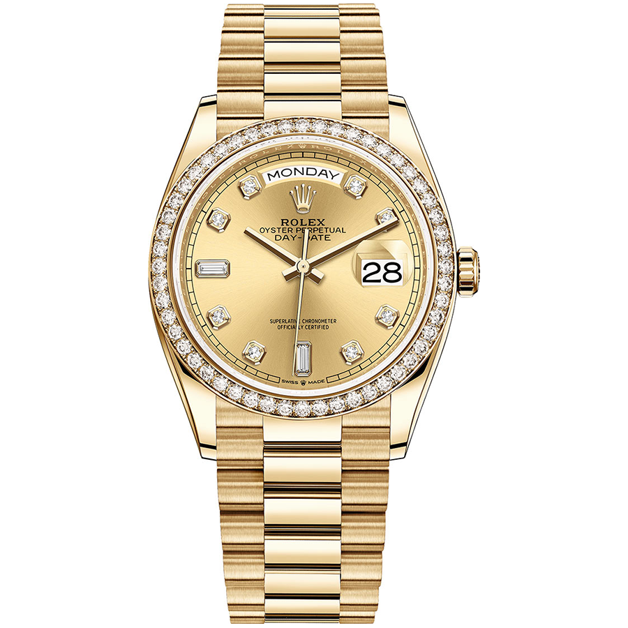 Rolex 1:1 Super Clone Day-Date Champagne Diamond Dial Diamond Bezel 36mm 128348RBR