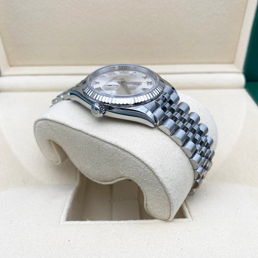 Rolex 1:1 Super Clone Datejust 36mm Fluted Bezel Jubilee Bracelet Silver Diamond 6 and 9 Hour Marker Dial