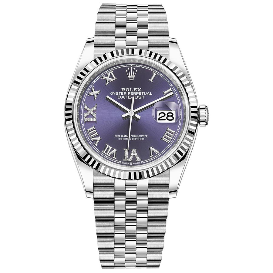 Rolex 1:1 Super Clone Datejust Purple Roman Numeral Diamond Dial Fluted Bezel 36mm 126234