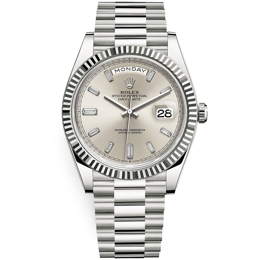 Rolex 1:1 Super Clone Day-Date 40 Presidential 228239 Fluted Bezel Baguette Diamond Silver Dial