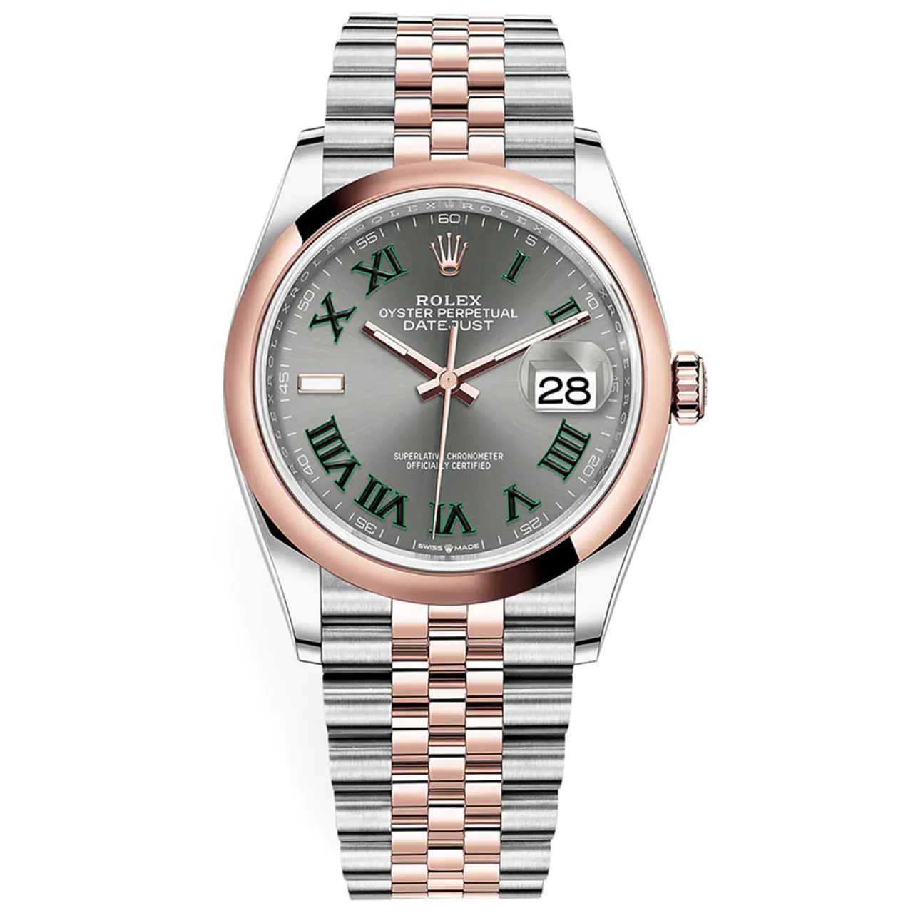 Rolex 1:1 Super Clone Datejust 36mm Gray Green Roman Wimbledon Dial Two Tone Rose Gold Jubilee