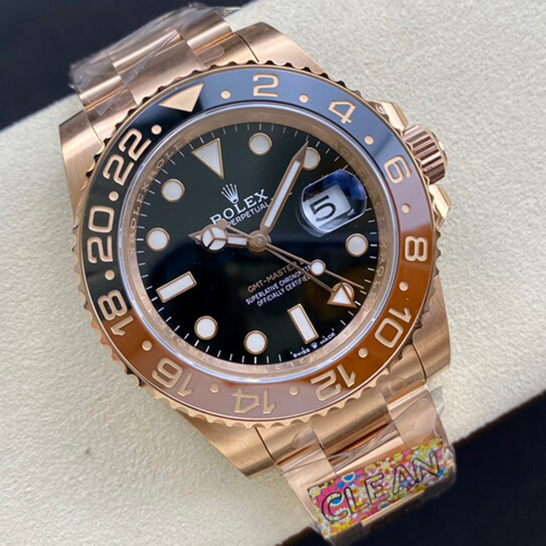 Rolex 1:1 Super Clone GMT-Master II 40mm Root Beer Two Tone Button Markers Black Dial 2023 Ref 126711chnr-0002
