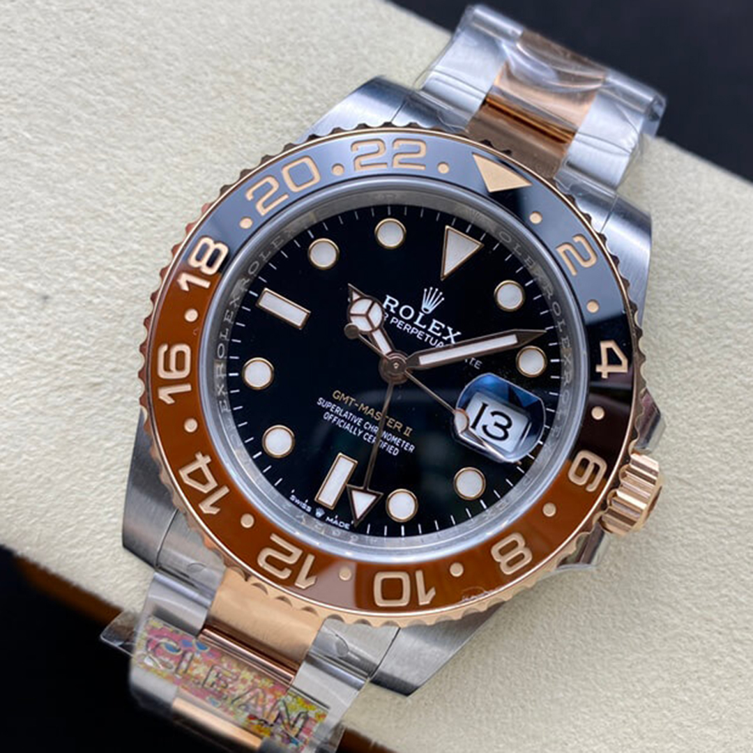 Rolex 1:1 Super Clone GMT-Master II 40mm Root Beer Two Tone Button Markers Black Dial 2023 Ref 126711chnr-0002