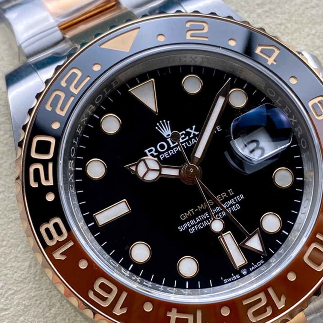 Rolex 1:1 Super Clone GMT-Master II 40mm Root Beer Two Tone Button Markers Black Dial 2023 Ref 126711chnr-0002
