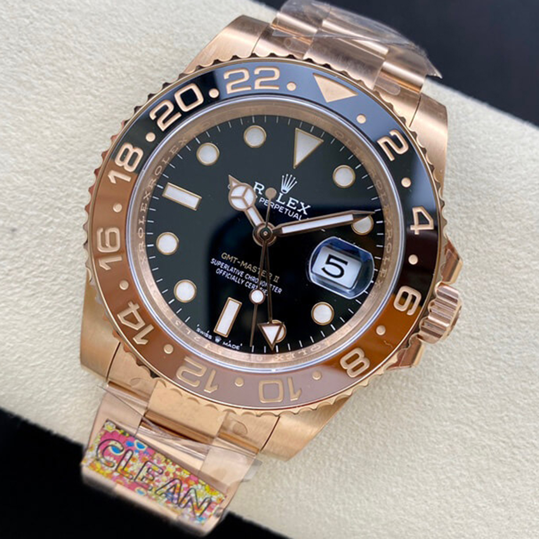 Rolex 1:1 Super Clone GMT-Master II 40mm Root Beer Two Tone Button Markers Black Dial 2023 Ref 126711chnr-0002