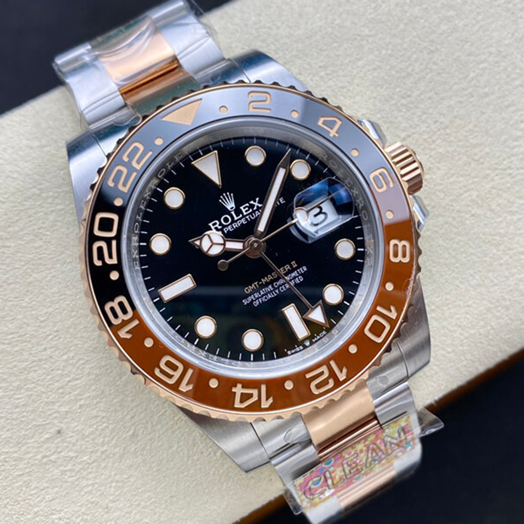 Rolex 1:1 Super Clone GMT-Master II 40mm Root Beer Two Tone Button Markers Black Dial 2023 Ref 126711chnr-0002