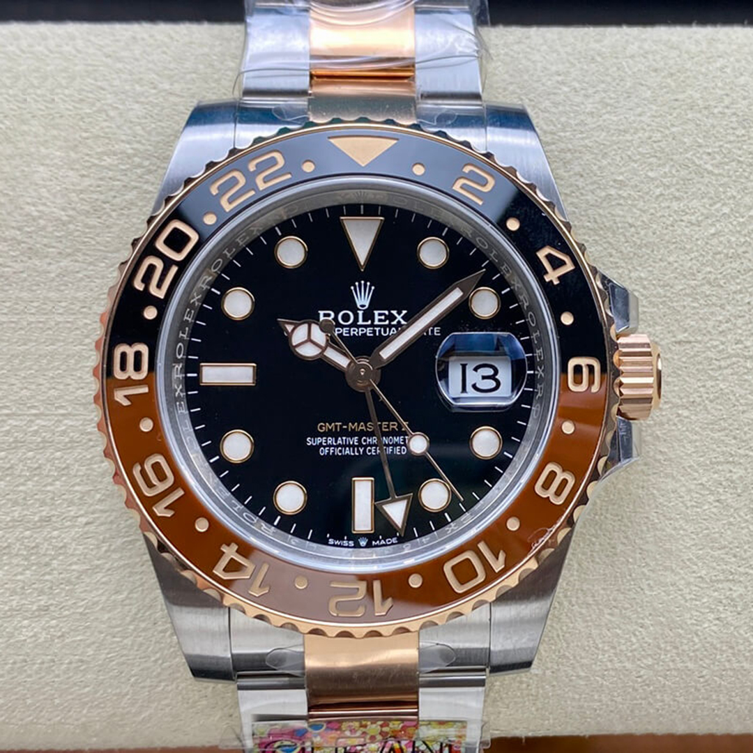 Rolex 1:1 Super Clone GMT-Master II 40mm Root Beer Two Tone Button Markers Black Dial 2023 Ref 126711chnr-0002