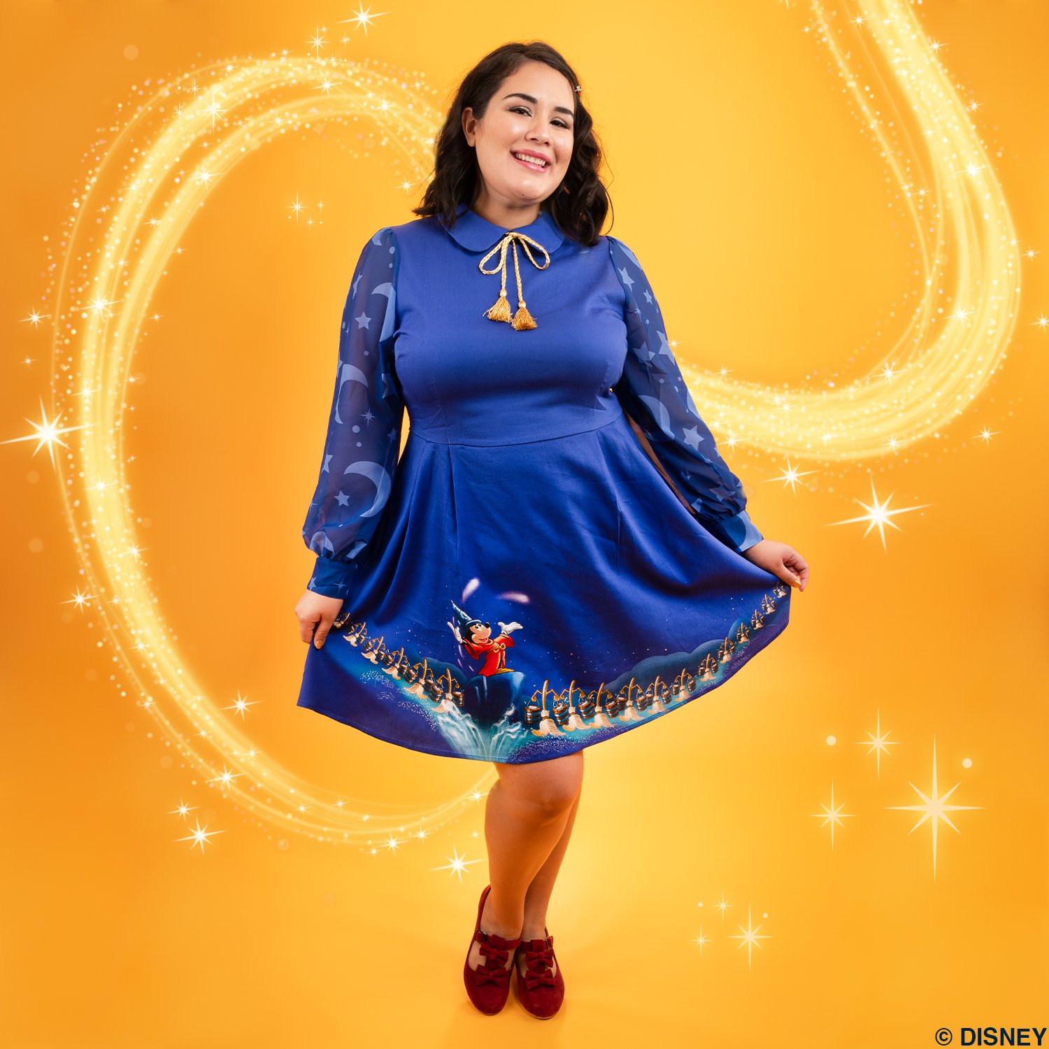 Disney Stitch Shoppe Fantasia Sorcerer's Apprentice  Claire  Long Sleeved Neck Tie Dress