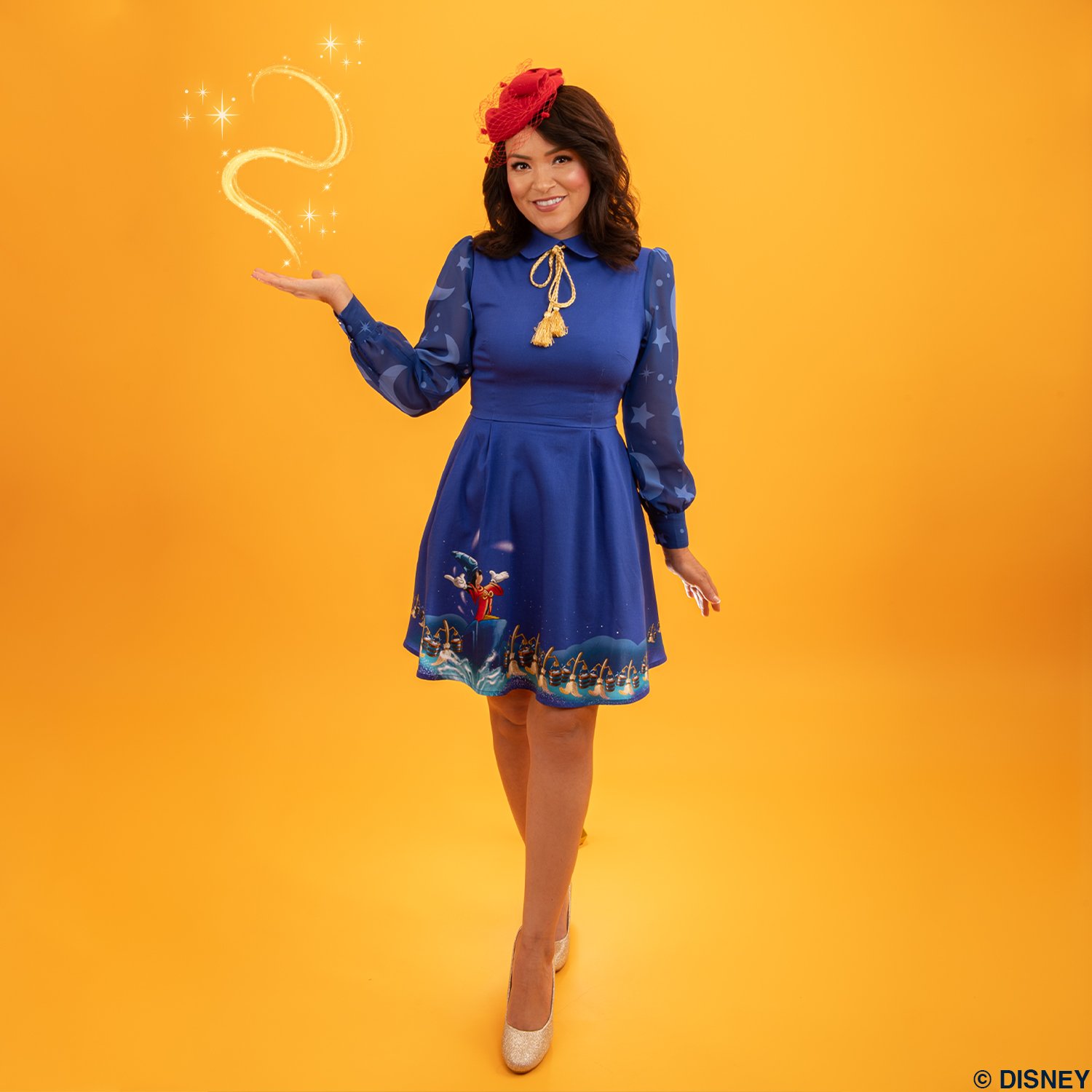 Disney Stitch Shoppe Fantasia Sorcerer's Apprentice  Claire  Long Sleeved Neck Tie Dress