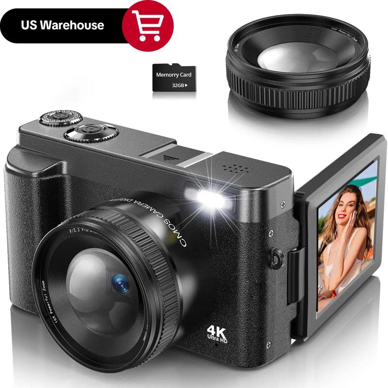 4K Video Recording Digital Camera, 48MP Auto Focus Pixel Digital Camera with 16X Digital Zoom, Entry Level Camera with 32G Memory Card for Beginners, High Definition Camera, Portable Vlogging Camera
