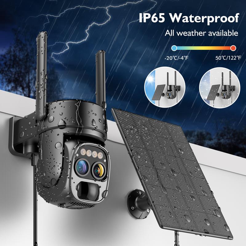 Hawkray 4 PC-Pannel Solar-Powered Wireless Outdoor Security Camera, Dual Lens, Dual Viewing Angle, 10x Zoom, 2K Resolution, 3MP, 360° Pan/Tilt, 2.4 and 5G WiFi, Battery-Powered Camera, Spotlight, Alarm, PIR Motion Detection
