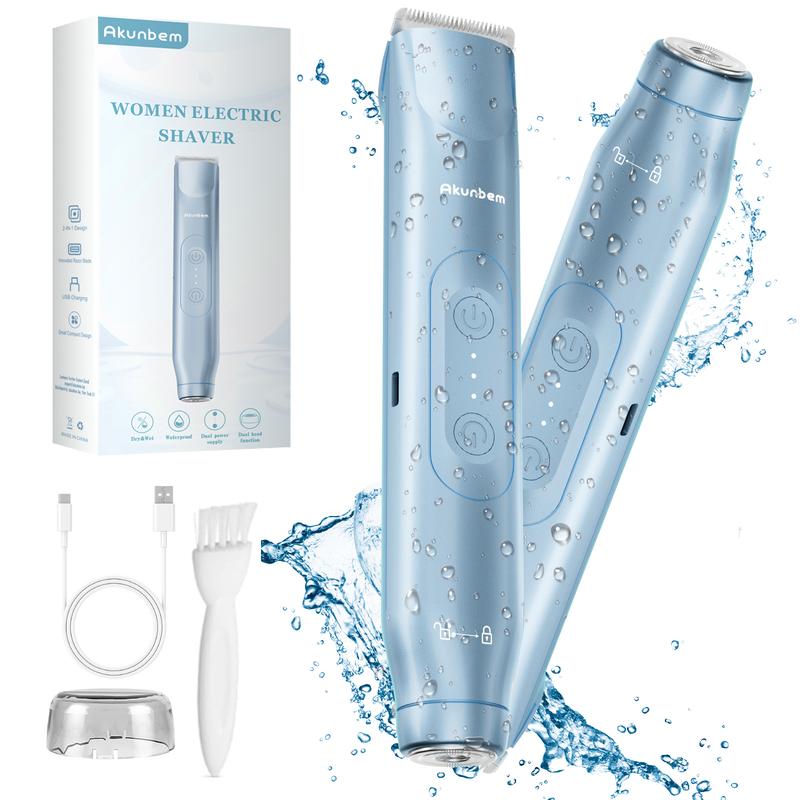 Akunbem Bikini Trimmer for Women, Electric Shaver and Razor Rechargeable 2-in-1 Body and Facial Epilator, Dual Heads for Painless Trimming of Pubic Hair, Face, Underarms and Legs, IPX7 Waterproof. Christmas Gift New Year Gift Shaving Grooming