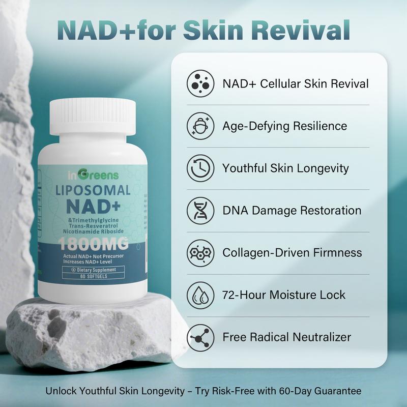 inGreens 3 Cup NAD+ Supplement 1800 mg with Nicotinamide Riboside 200mg, Trans Resveratrol 200mg, Trimethylglycine 200mg,Boost NAD+, Cellular Energy and DNA Repair, 180 Softgels Healthcare Edible Dietary Vitamin