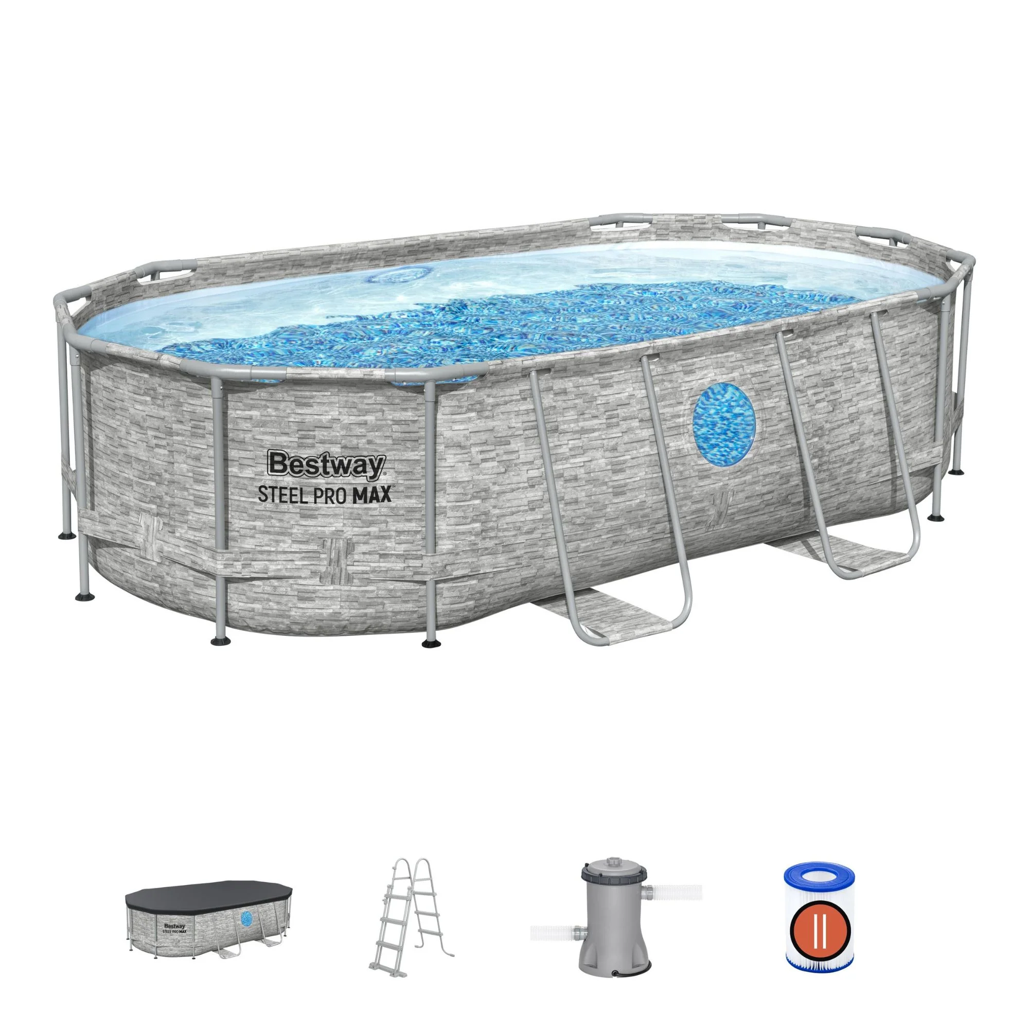 14ft x 39.5in Stone Print Oval Steel Pro MAX Above Ground Pool Set
